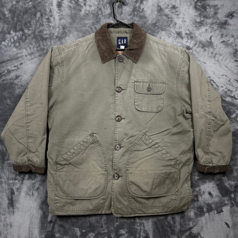 Gap Barn Coat Mens Large Green Vintage Corduroy Trim Plaid Lined Field Jacket